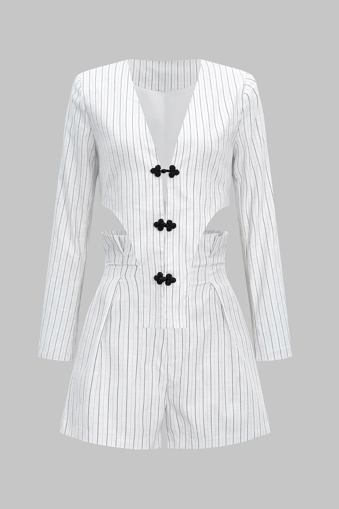 Stripes Deep V-Neck Long Sleeve Top And High Waist Shorts Set - Weenar
