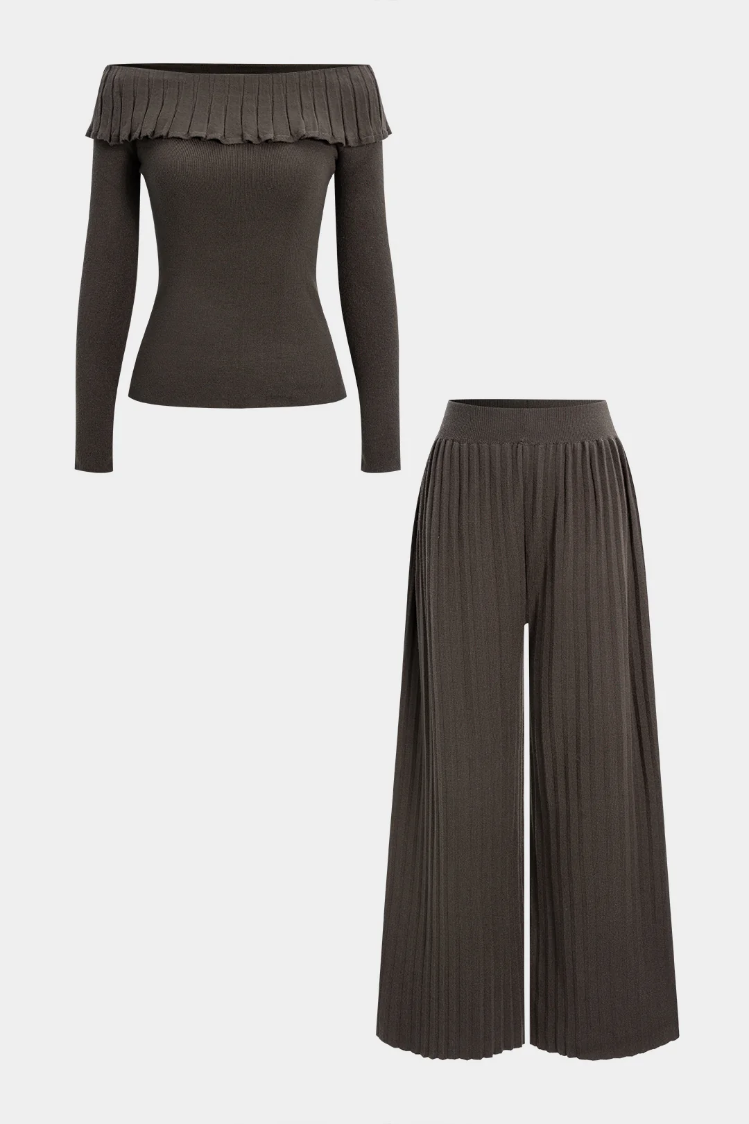 Knit Off Shoulder Ruffle Long-Sleeve Top And Wide Leg Pants Set - Weenar