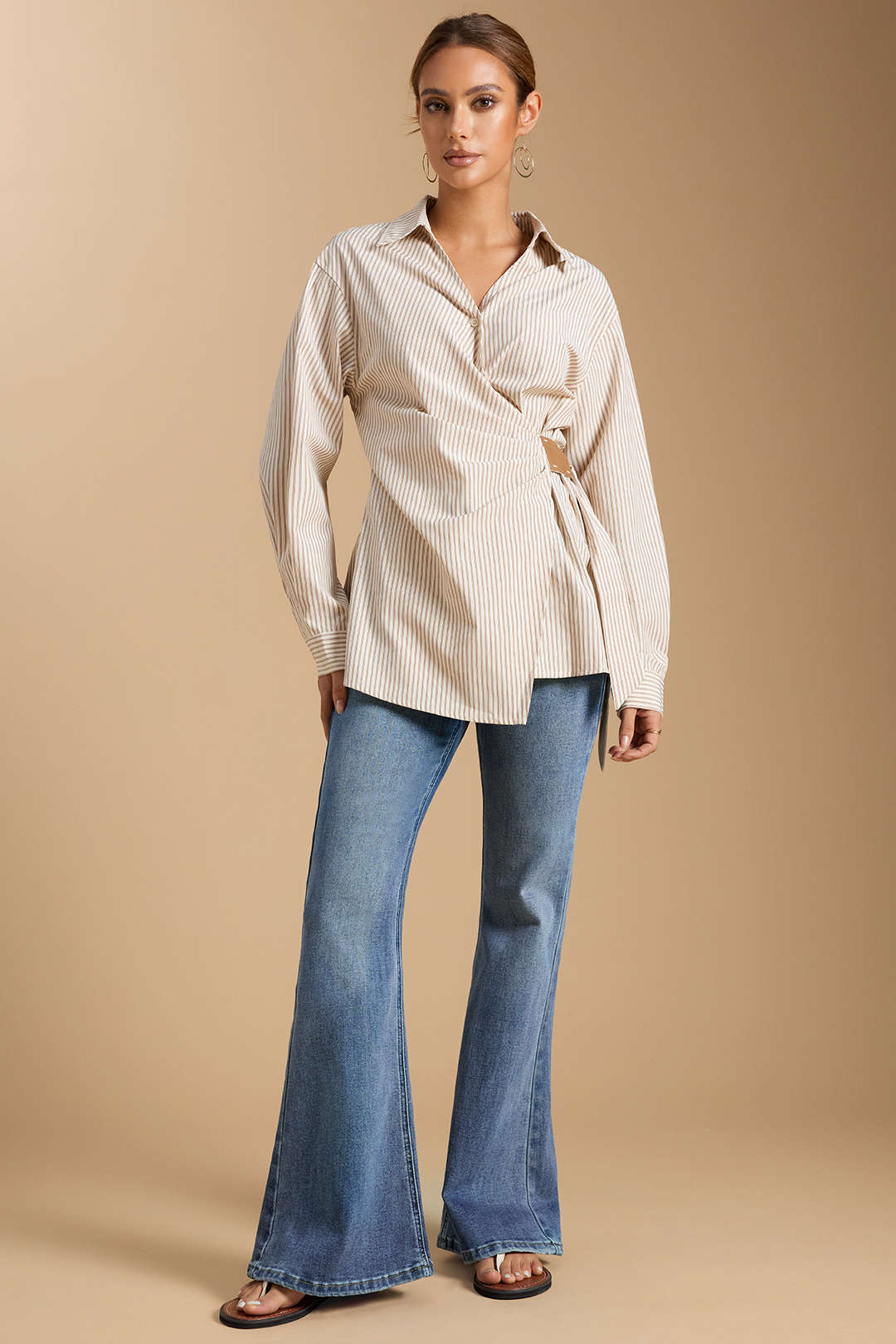 Stripes Print Button Ruched Long-Sleeve Shirt - Weenar