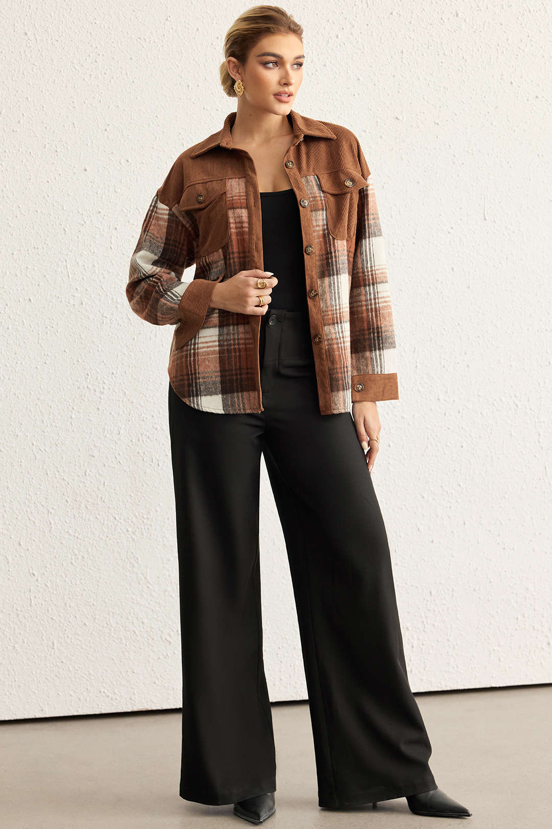 Plaid Print Corduroy Patchwork Button Pocket Long-Sleeve Shirt - Weenar