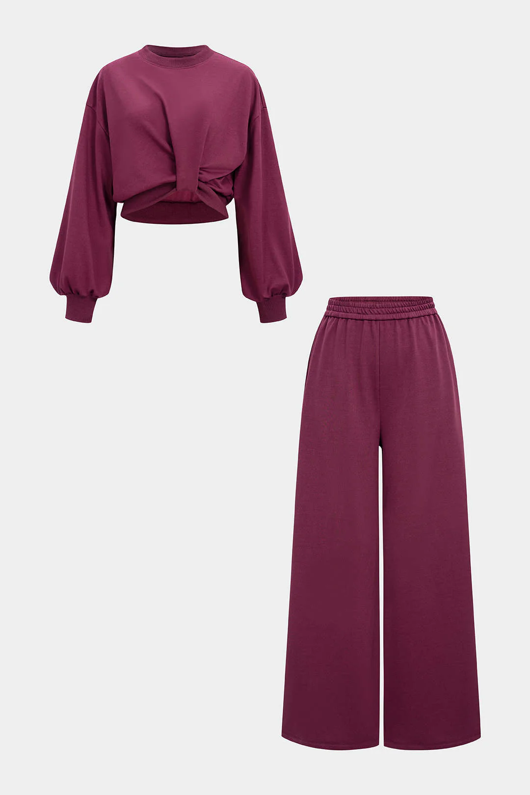 Solid Ruched Long Sleeve Top And Shirred Waistband Wide Leg Pants Set - Weenar