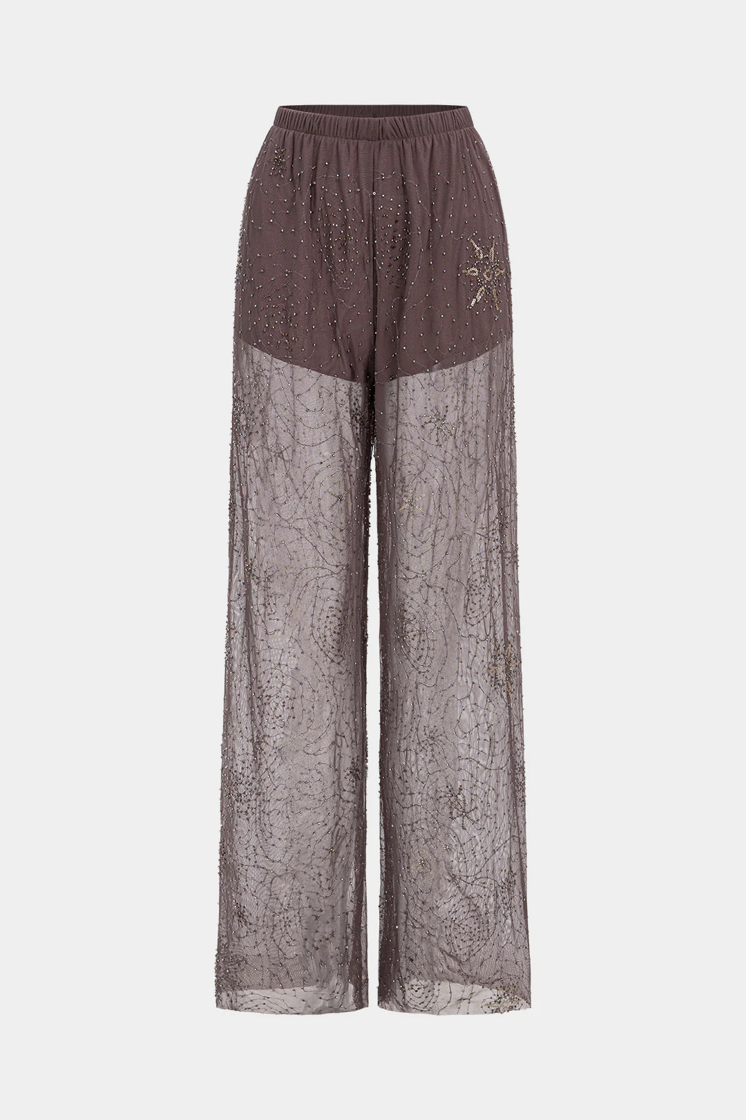 Mesh Beaded Shirred Waistband Pants - Weenar
