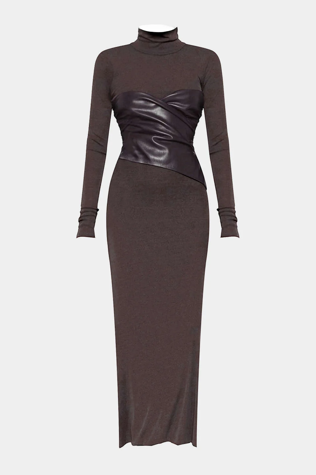 Faux Leather Crossed Ruched Long Sleeve Maxi Dress - Weenar