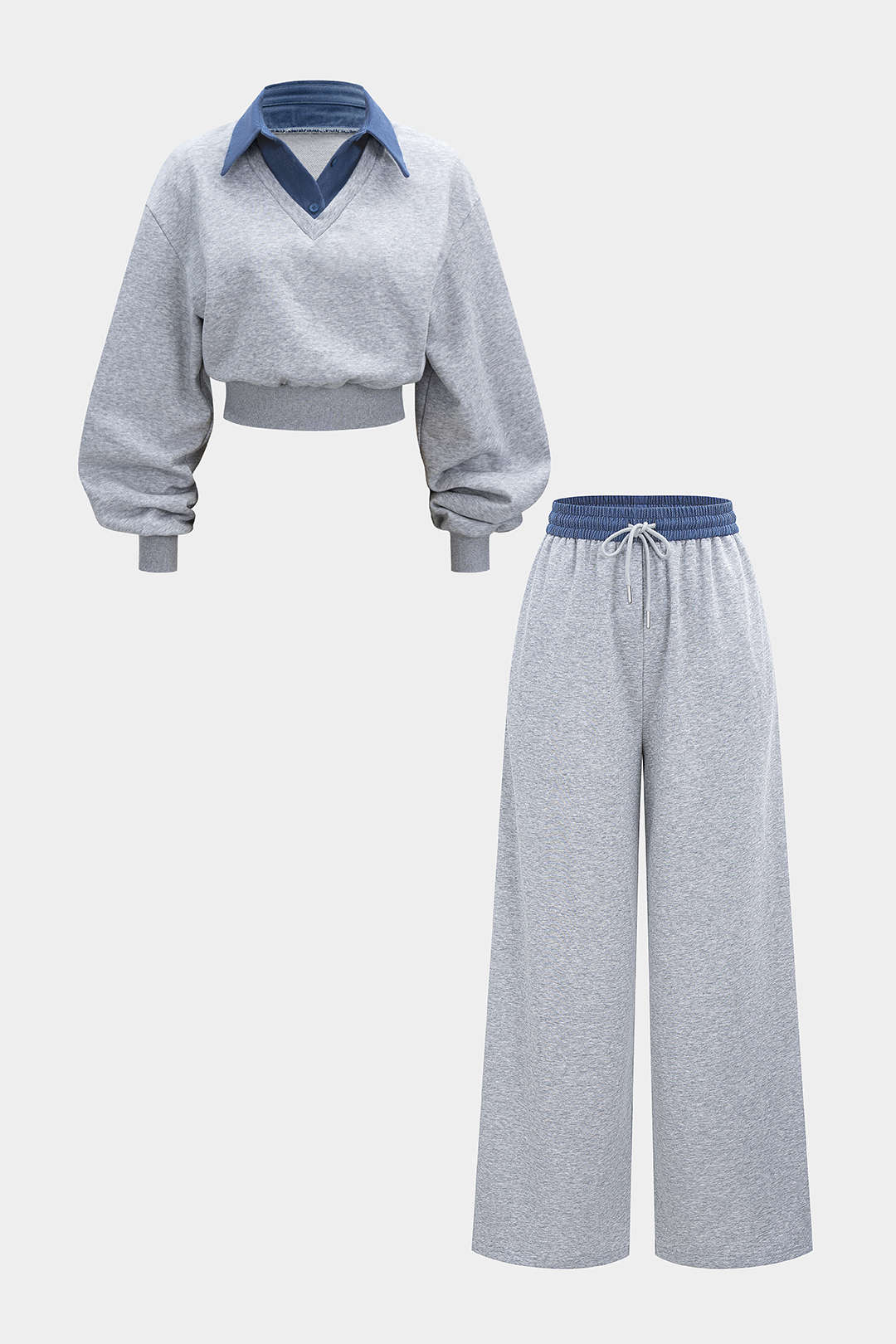 Contrast Patchwork Long-Sleeve Top And Shirred Waistband Drawstring Trousers Set - Weenar