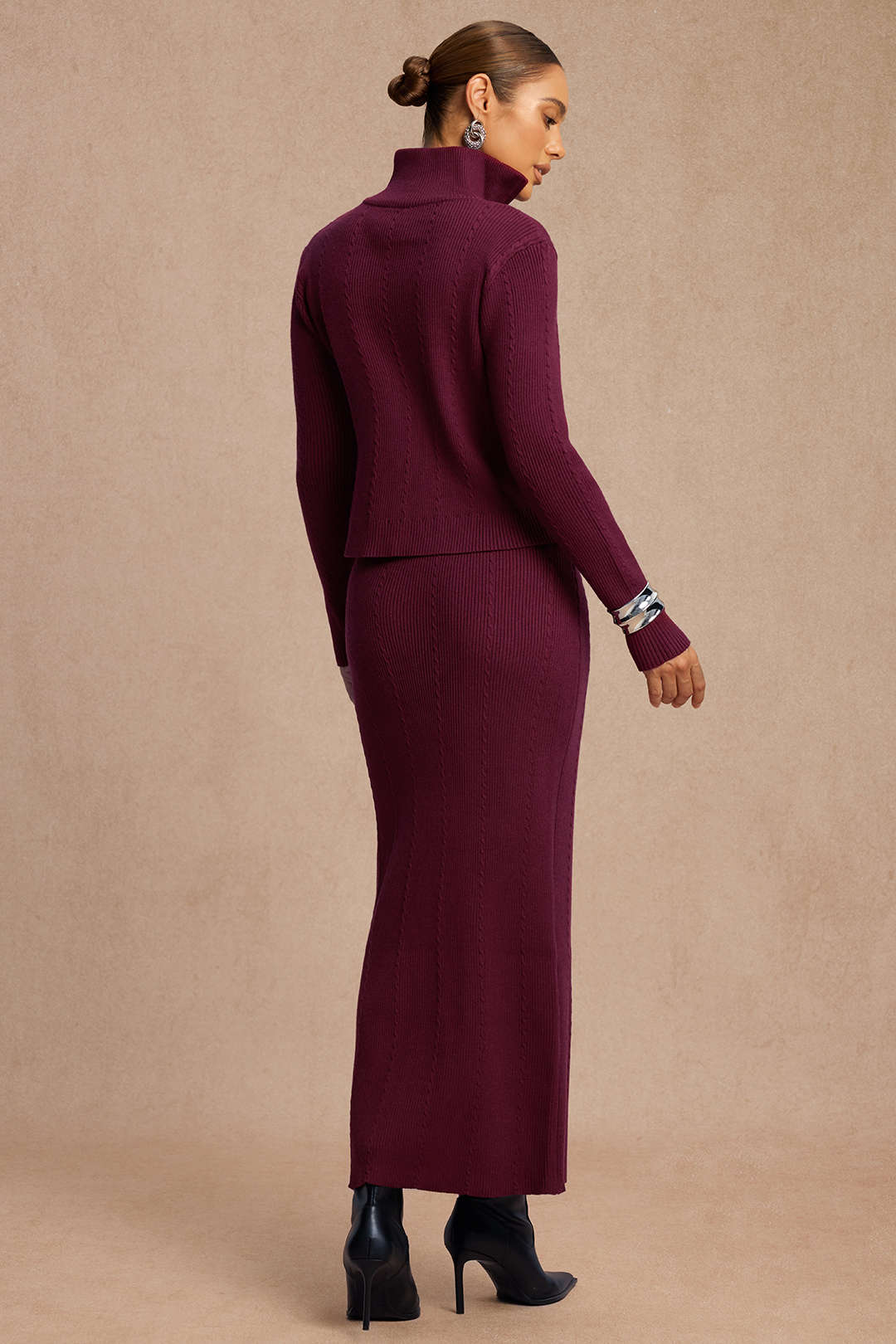 Knit Zipper Long-Sleeve Top And Skirt Set - Weenar
