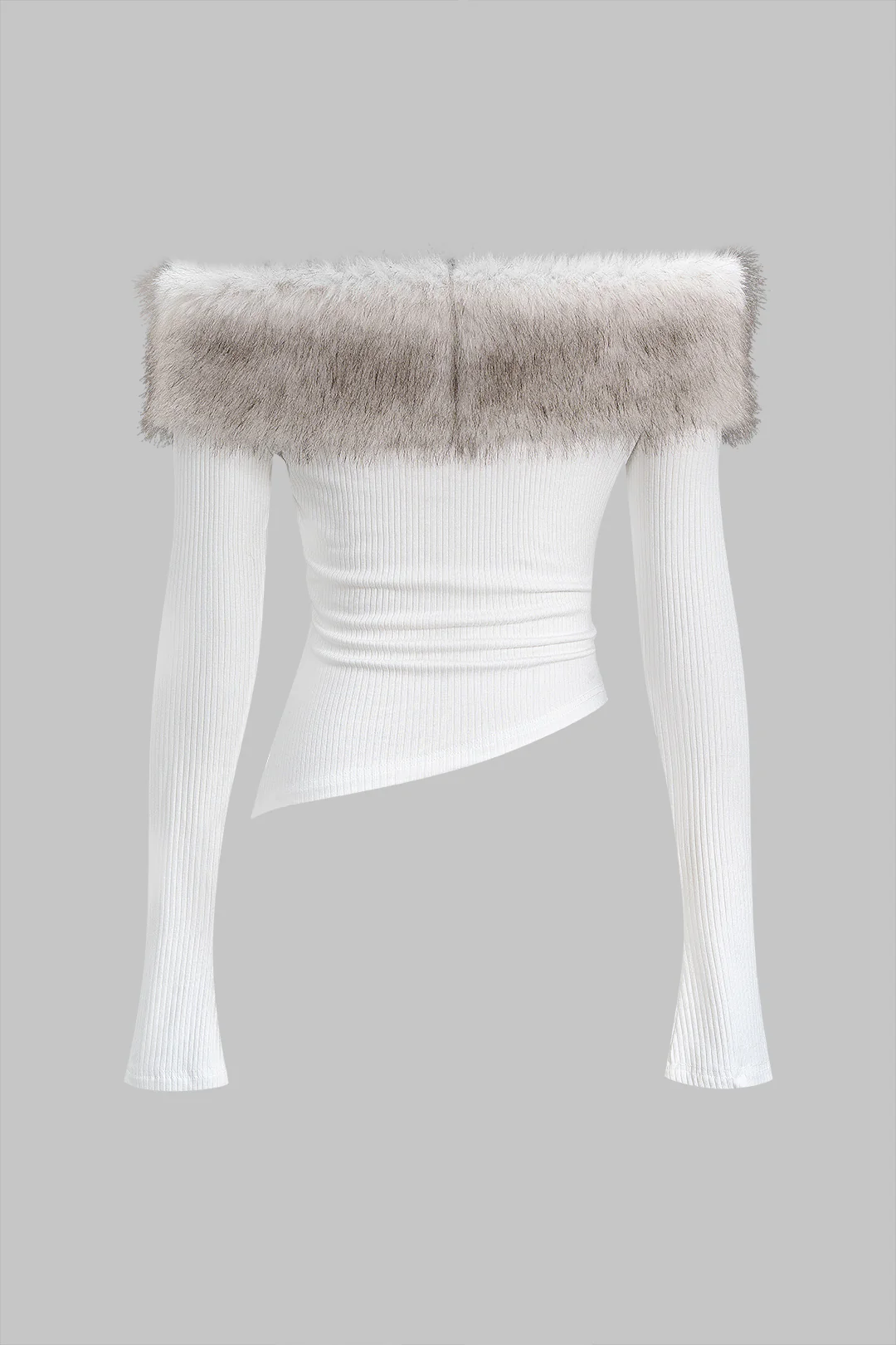 Faux Fur Patchwork Off-Shoulder Long-Sleeve Top - Weenar