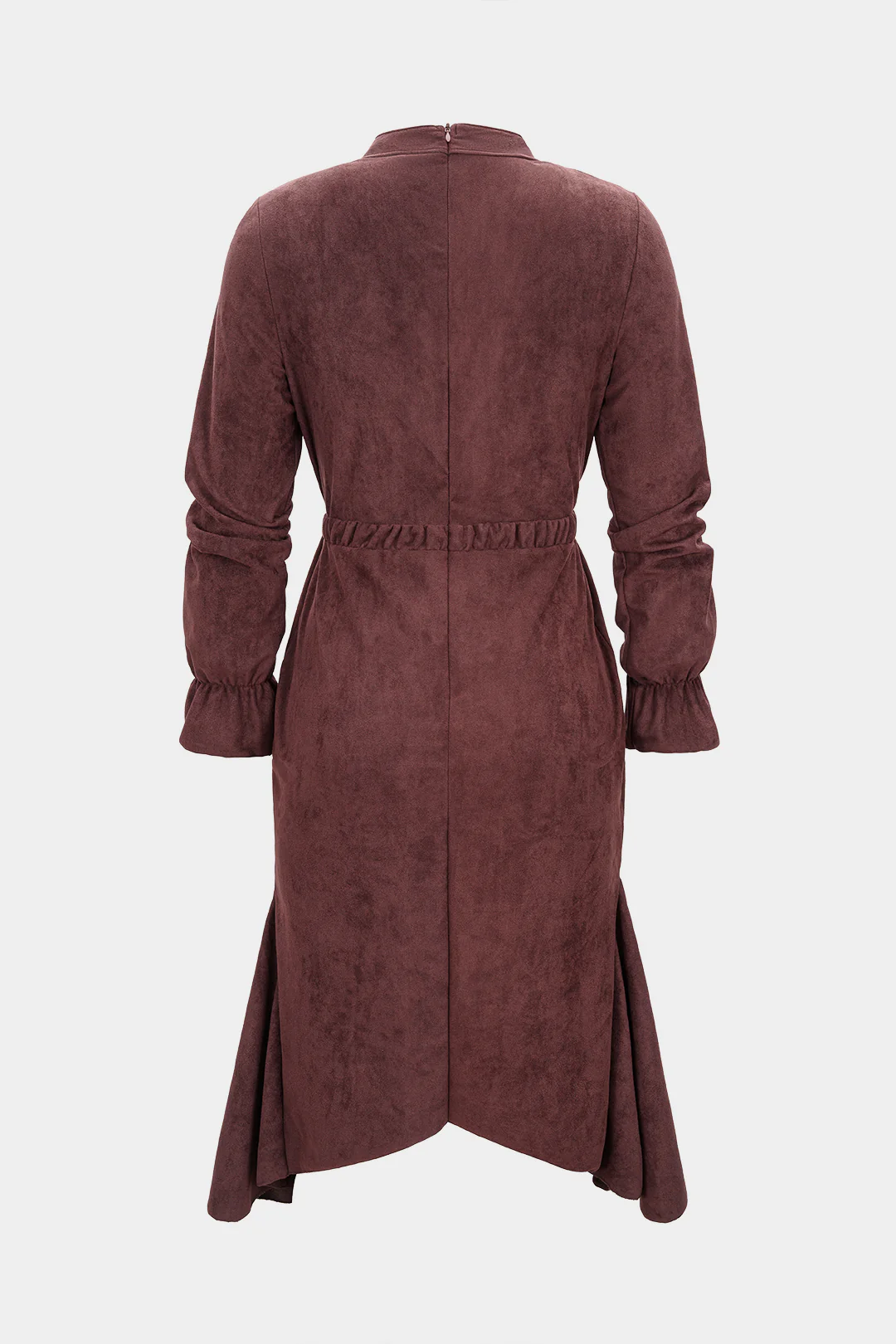 Suede Drawstring Zipper Long Sleeve Midi Dress - Weenar