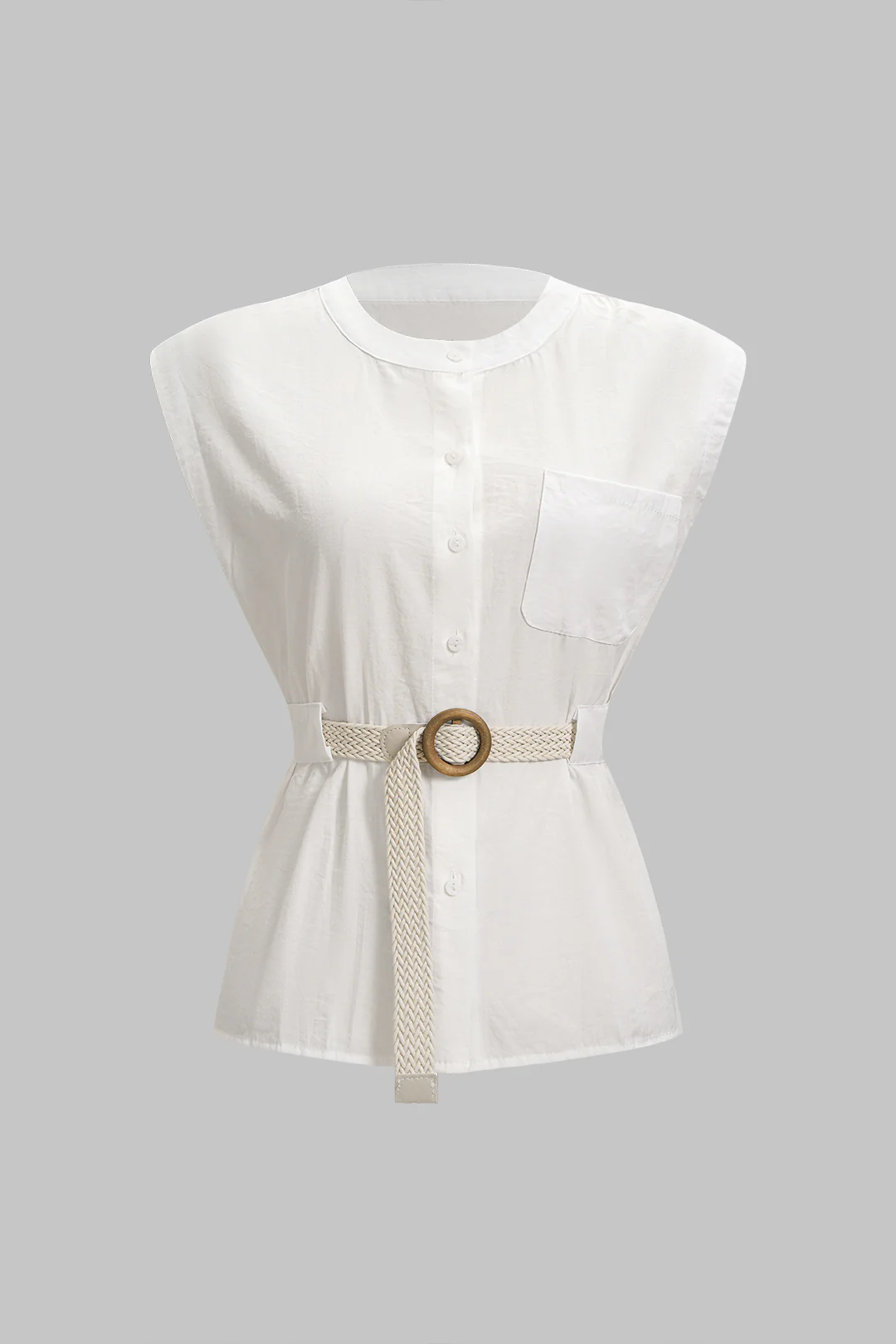 Round Neck Belted Pocket Sleeveless Top - Weenar