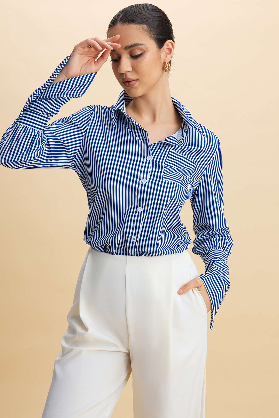 Striped Lapel Button Long Sleeve Shirt - Weenar