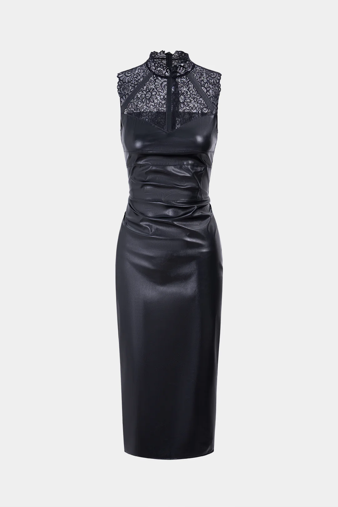 Faux Leather Patchwork Lace Ruched Sleeveless Midi Dress - Weenar