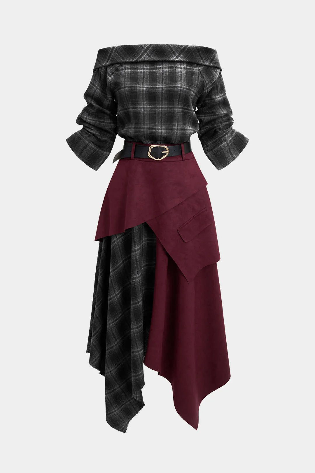 Plaid Print Suede Off Shoulder Zipper Belted Long Sleeve Midi Dress - Weenar