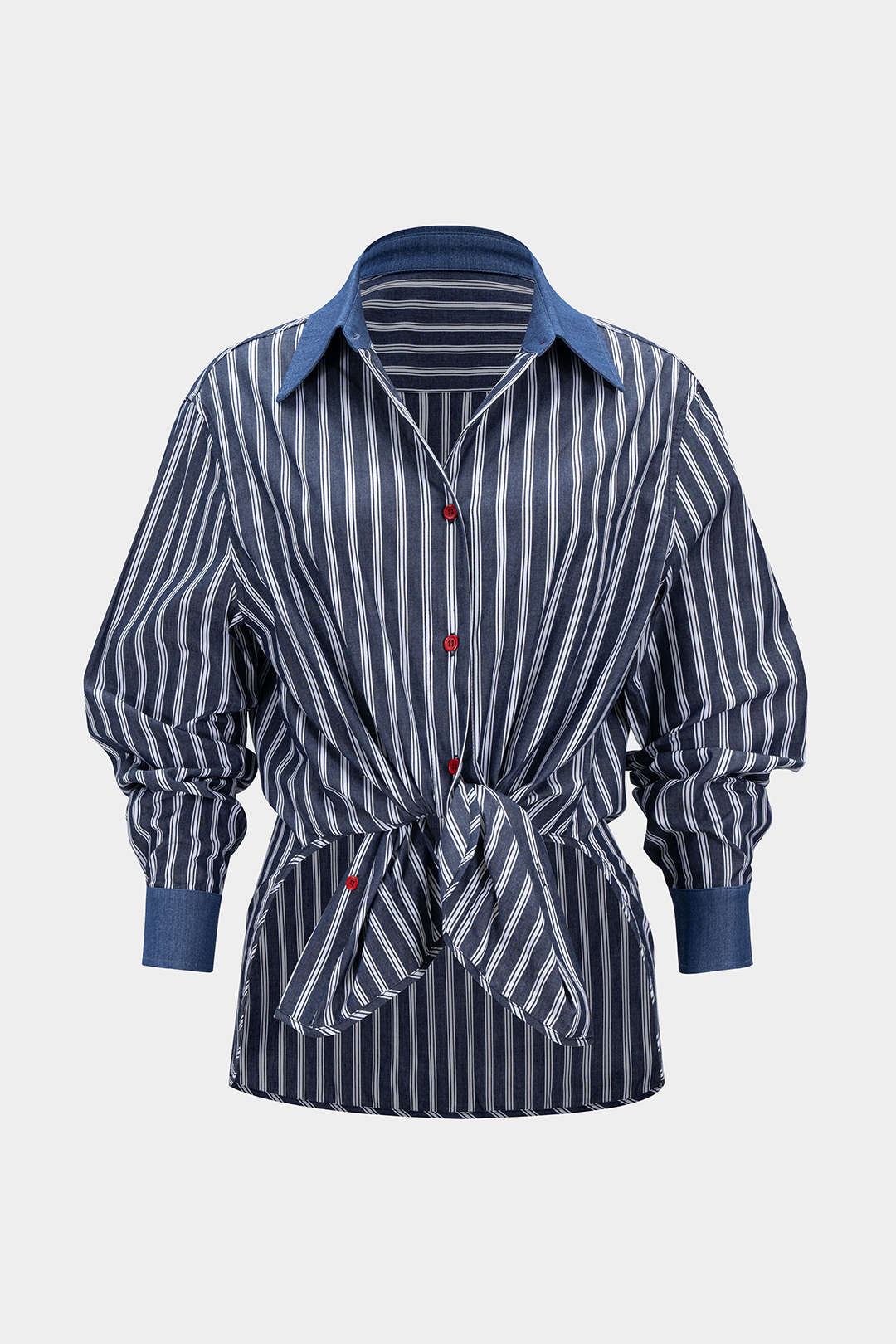 Contrast Stripes Print Denim Patchwork  Button Long-Sleeve Shirt - Weenar
