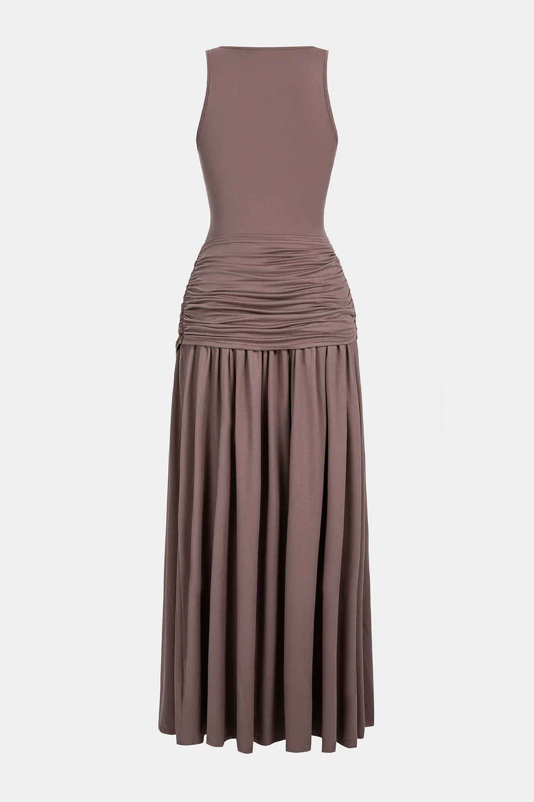 Tie Front Round Neck Ruched Sleeveless Maxi Dress - Weenar