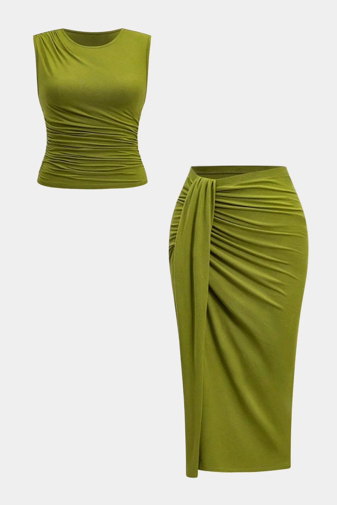 Plus Size Round Neck Asymmetrical Ruched Tank Top And Skirt Set - Weenar