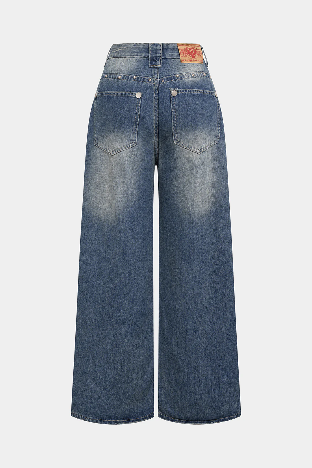 Denim Rivet Rhinestone Decor Straight Leg Jeans - Weenar