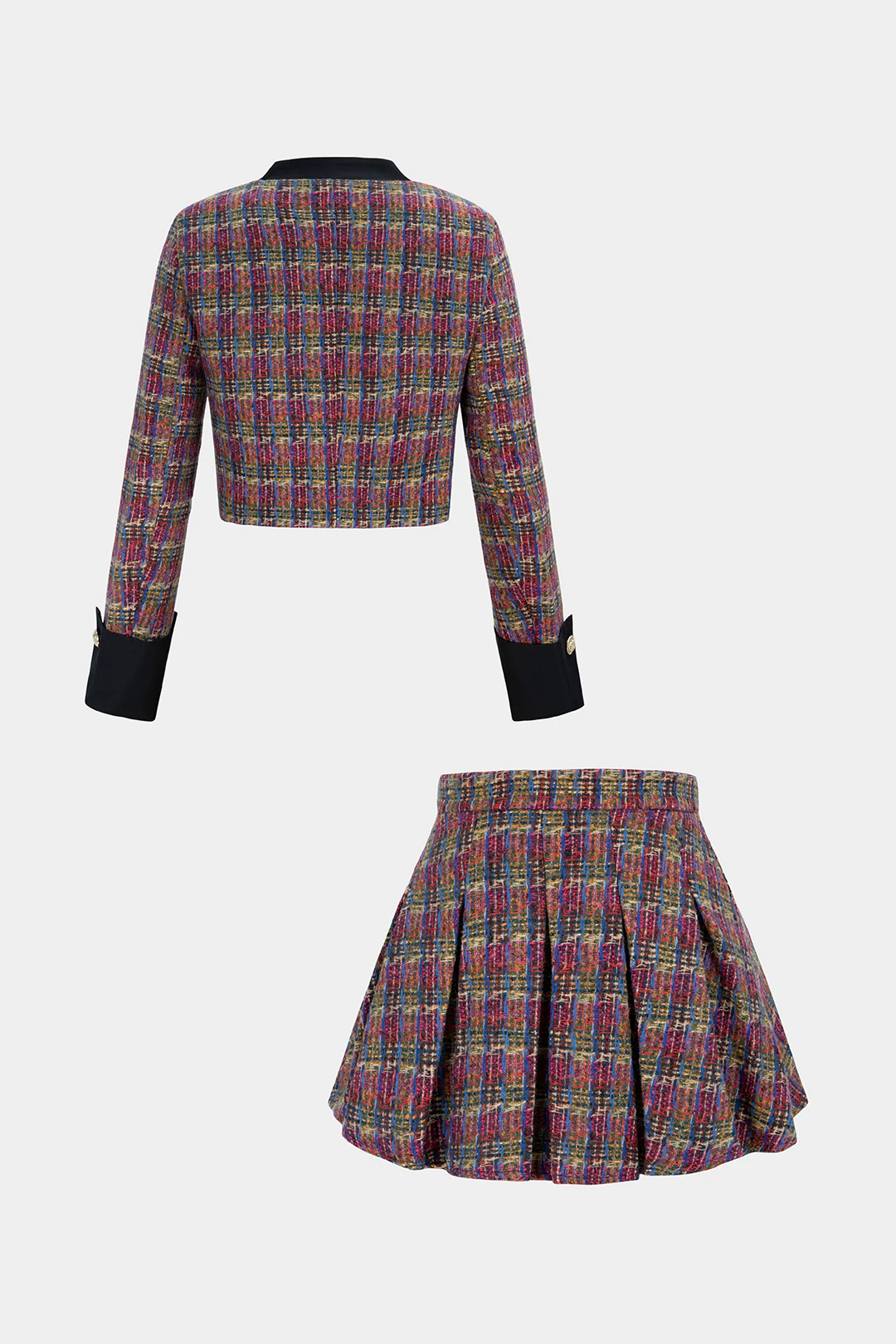 Tweed Patchwork Button Pockets Jacket And Pleated Mini Skirt Set - Weenar