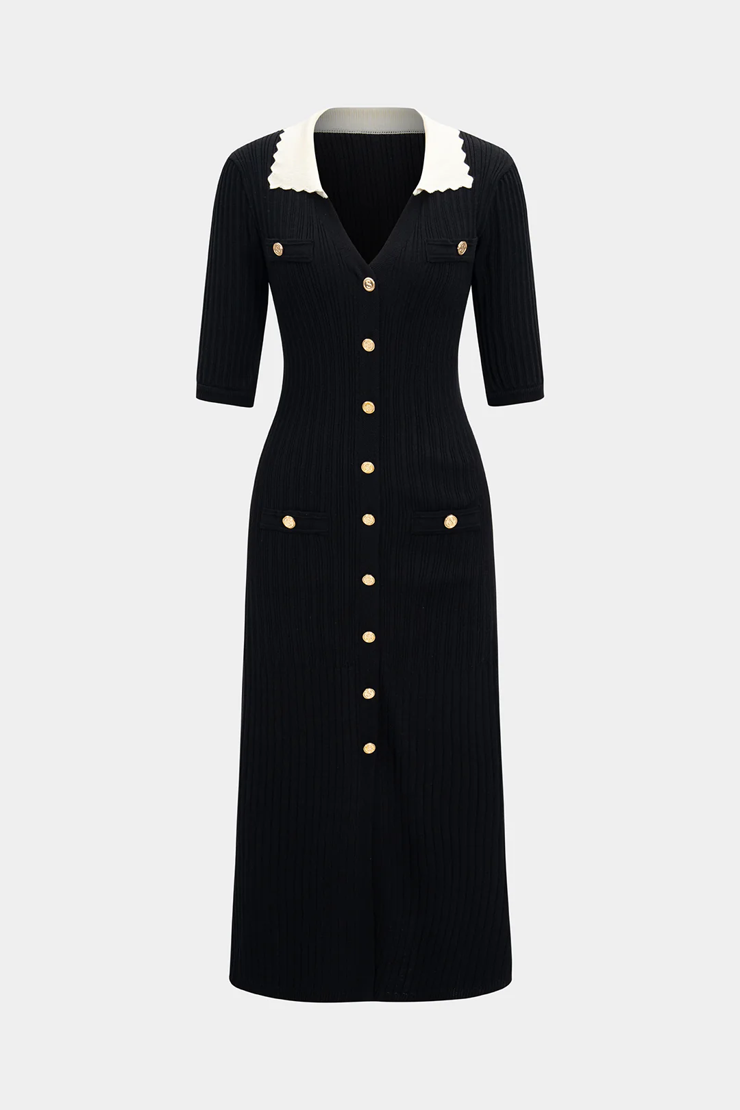 Knit Single-Breasted Long Sleeve Dress - Weenar