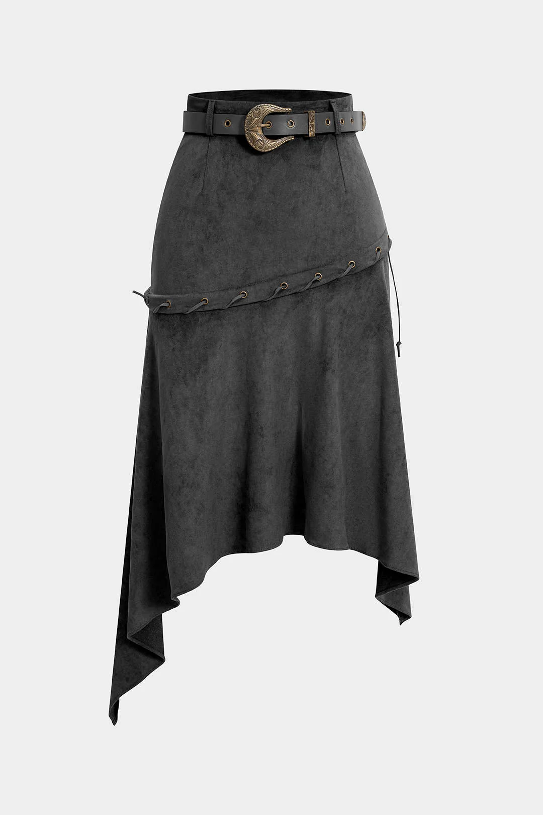 Suede Belted Irregular Hem High Waist Skirt - Weenar