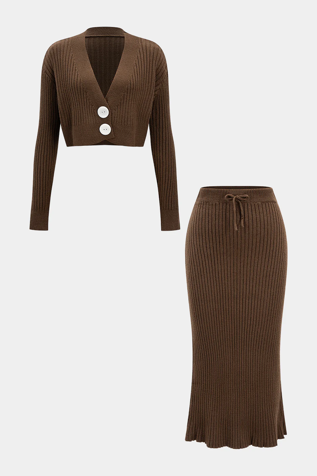 Knit V-Neck Long-Sleeve Top And Bow Skirt Set - Weenar