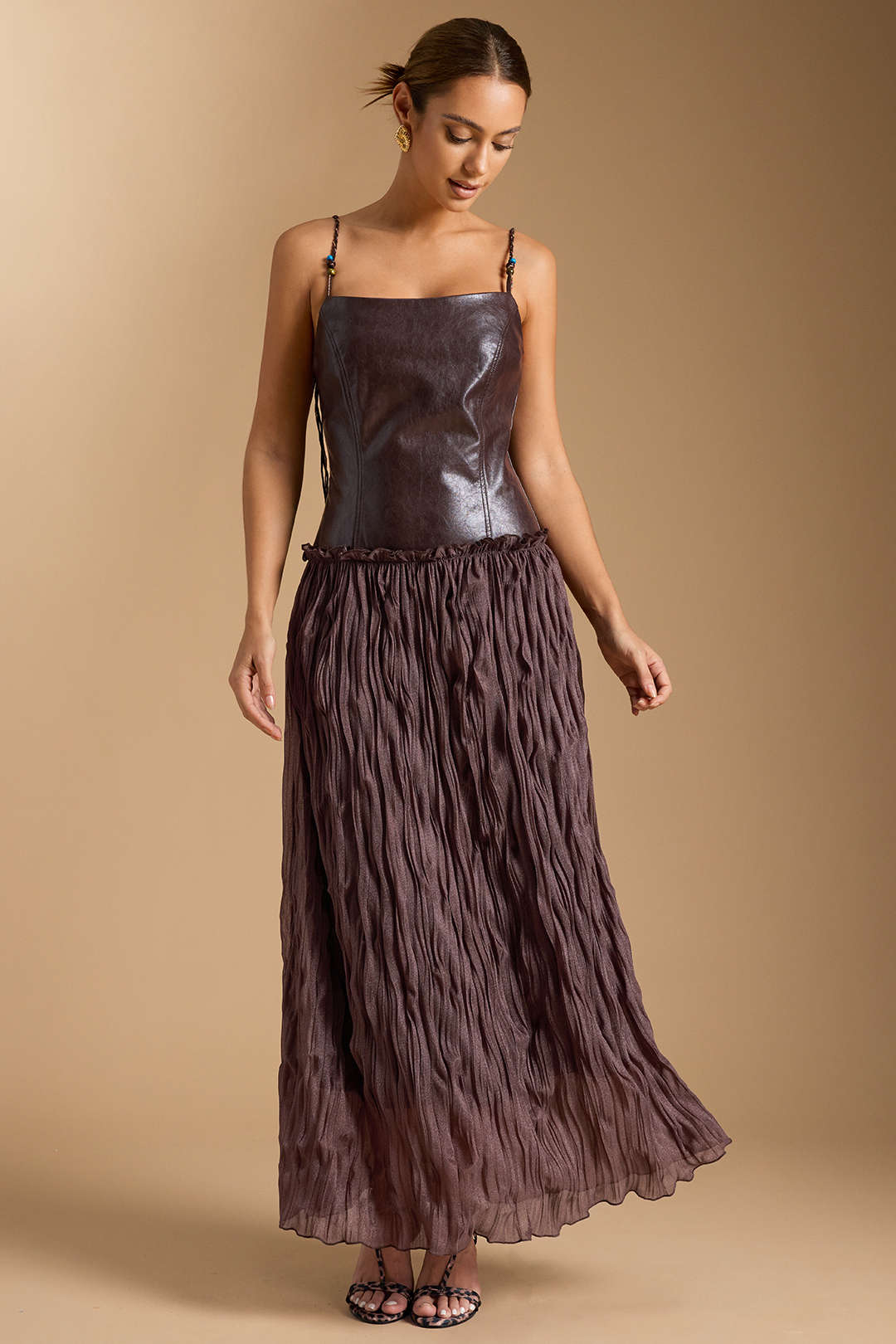 Faux Leather Patchwork Ruched Sleeveless Midi Dress - Weenar