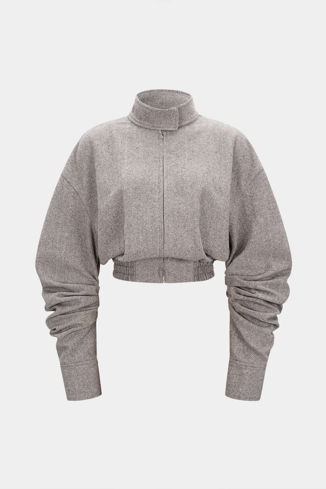 High Neck Ruched Shirred Zipper Cropped Jacket - Weenar