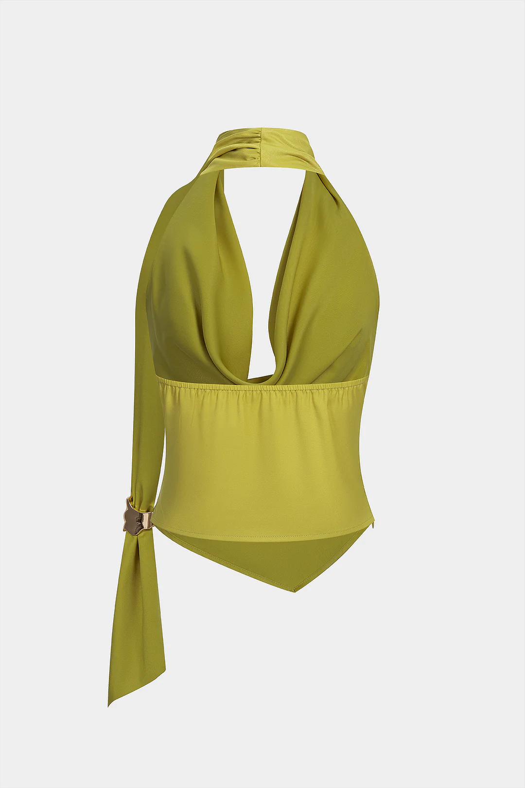 Halter Draped Cowl Neck Ruched Backless Asymmetrical Tank Top - Weenar