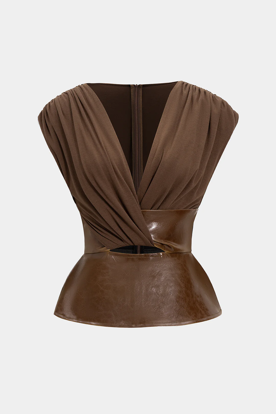 Faux Leather Patchwork Ruched Zipper Short-Sleeve Top - Weenar