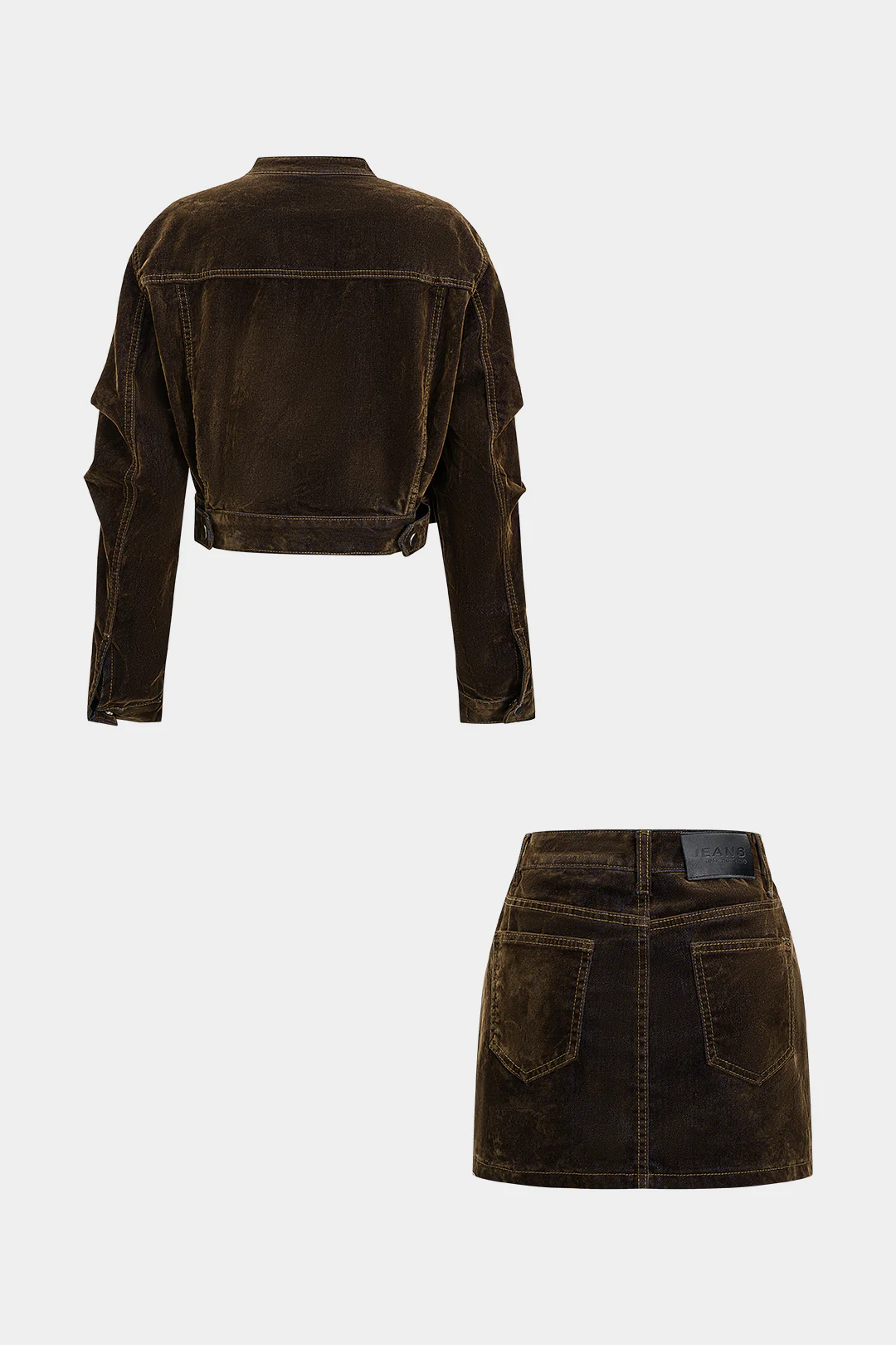 Denim Zipper Long-Sleeve Cropped Jacket And Mini Skirt Suit - Weenar