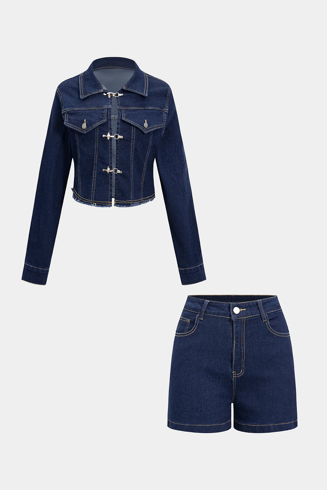 Denim Metallic Buckle Frayed Outerwear And Shorts Suit - Weenar