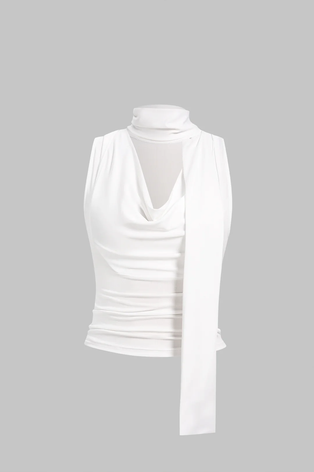 Solid Draped Cowl Neck Tank Top With Scarf - Weenar
