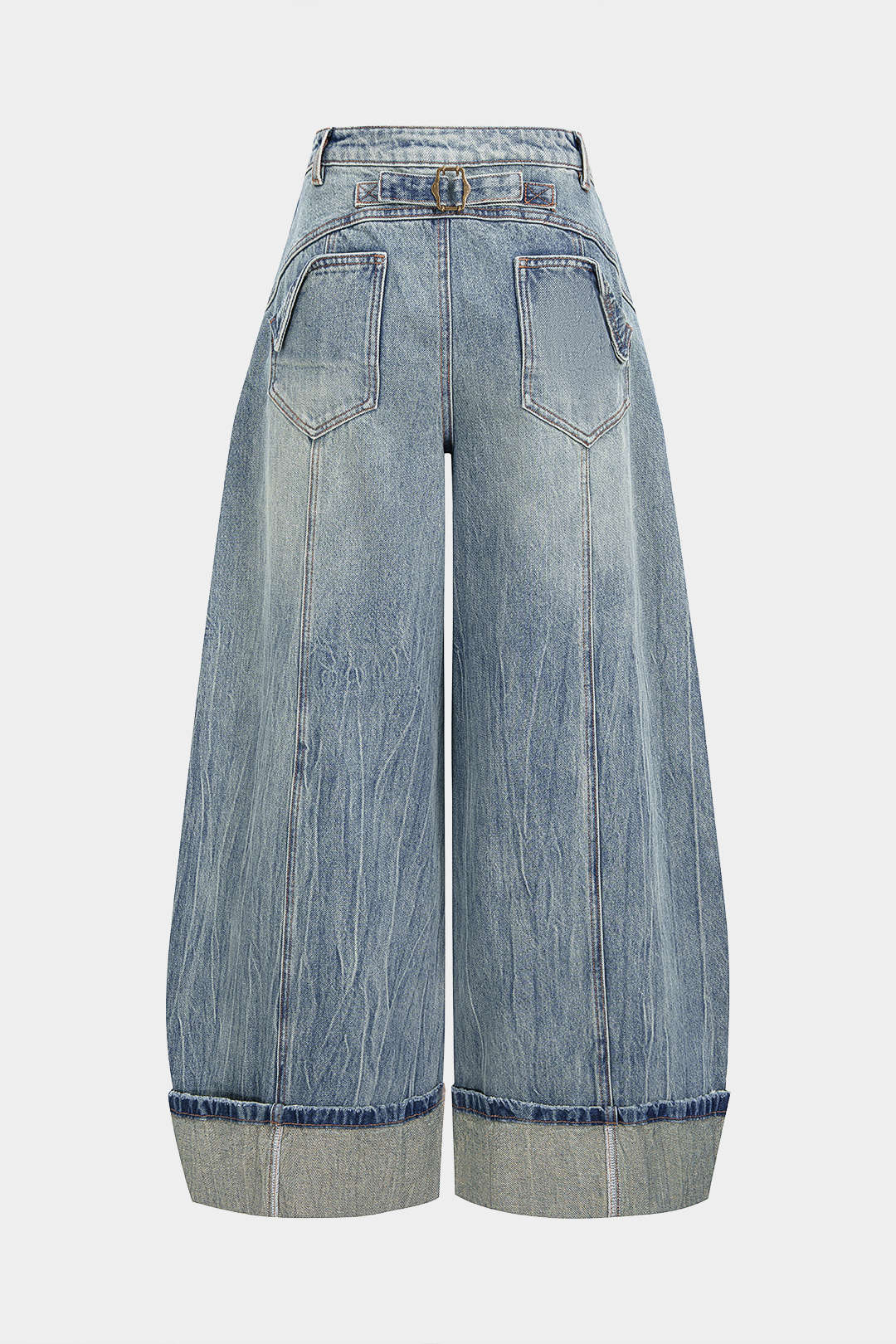 Denim Pocket Cuffed Wide Leg Jeans - Weenar