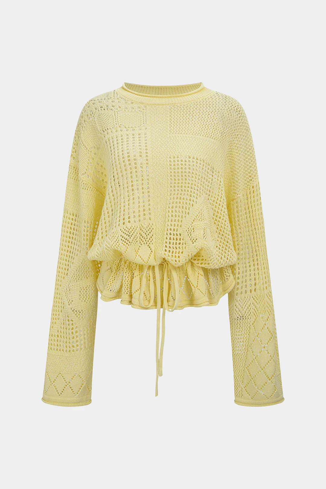 Solid Geometric Round Neck Drawstring Long-Sleeve Top - Weenar