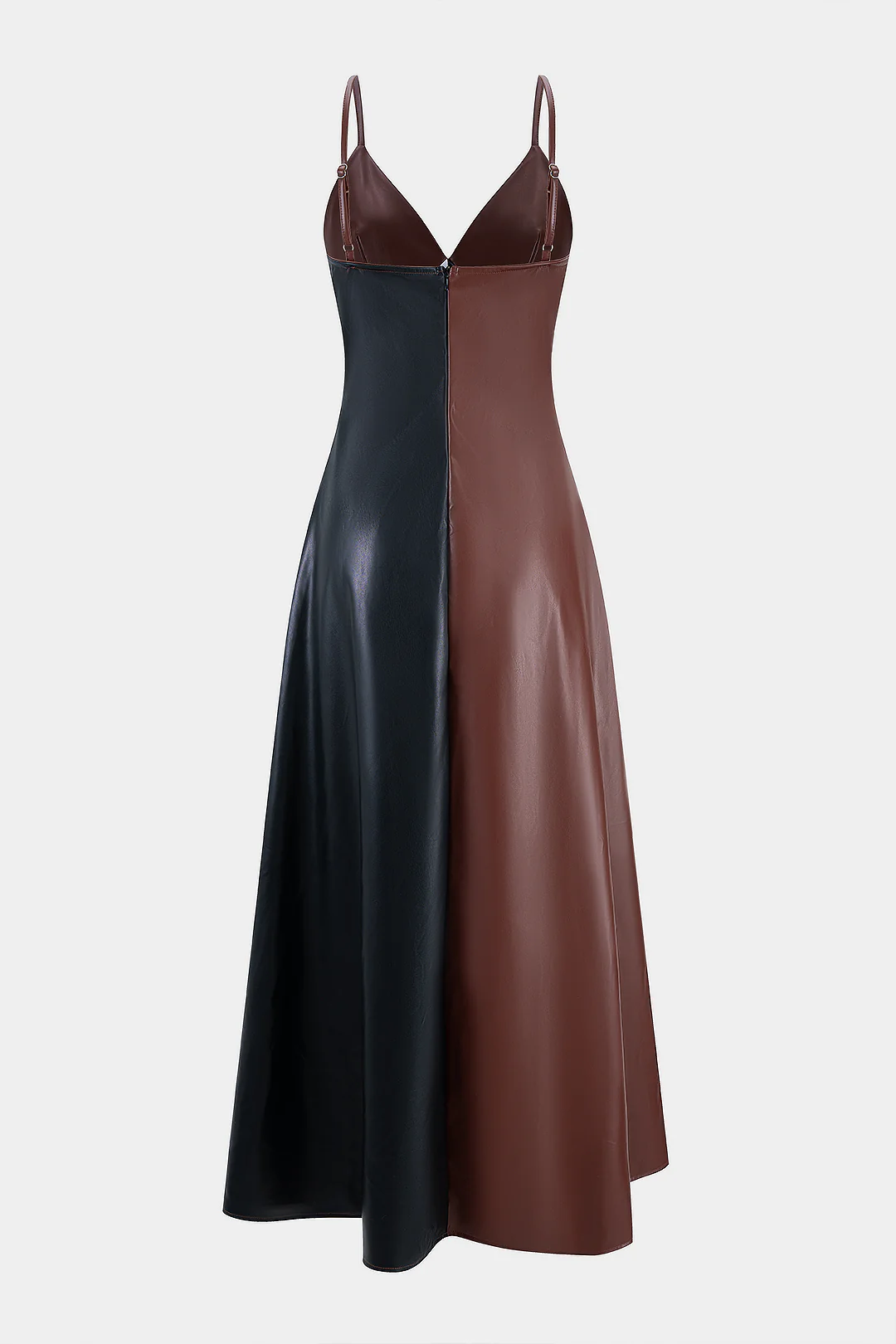 Faux Leather Contrast Slip V-Neck Sleeveless Maxi Dress - Weenar