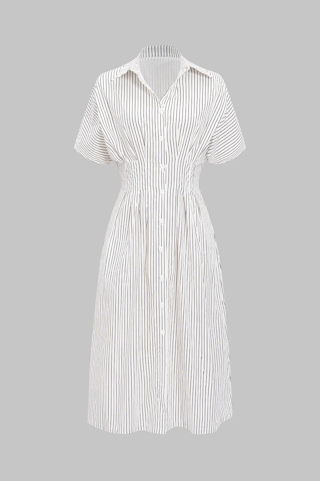 Stripes Print Button Ruched Short Sleeve Maxi Dress - Weenar