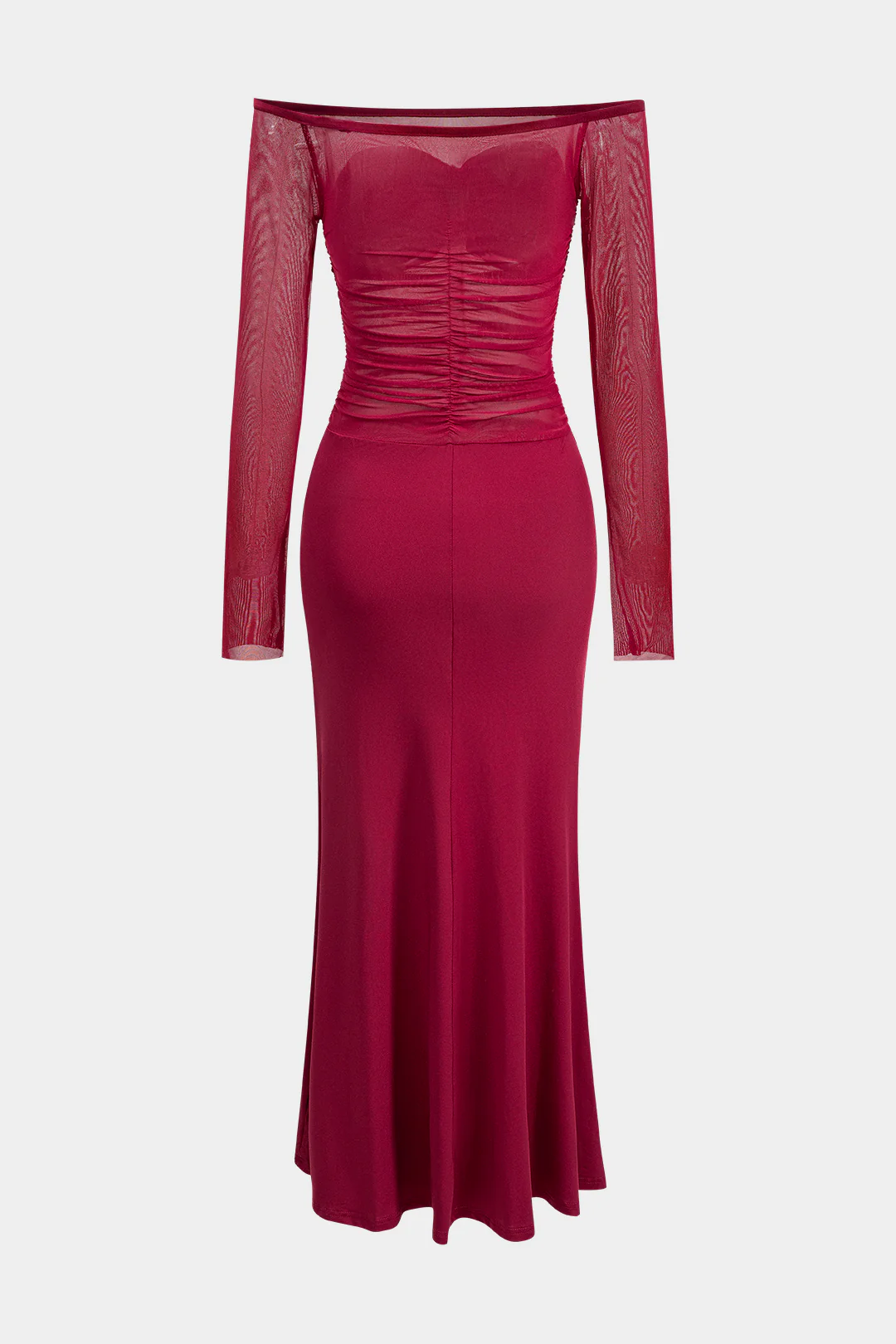 Mesh Patchwork Off Shoulder Ruched Long Sleeve Maxi Dress - Weenar
