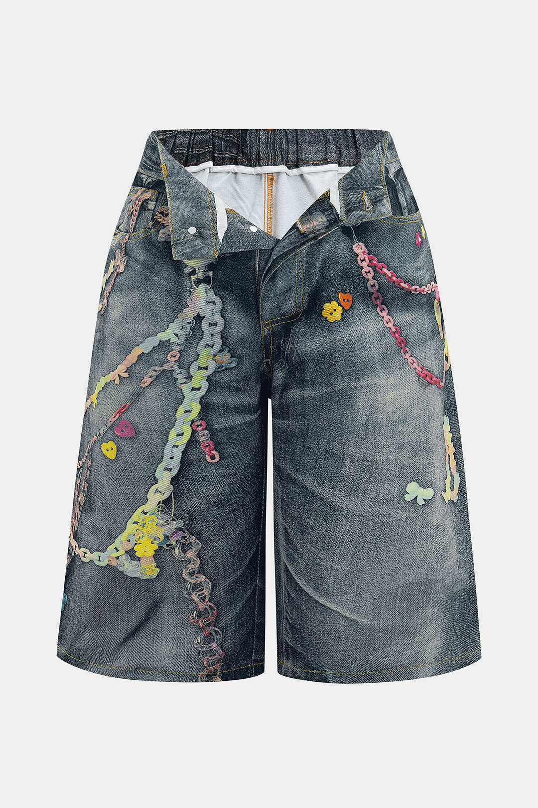 Plus Size Chain Print Denim Wide Leg Shorts - Weenar
