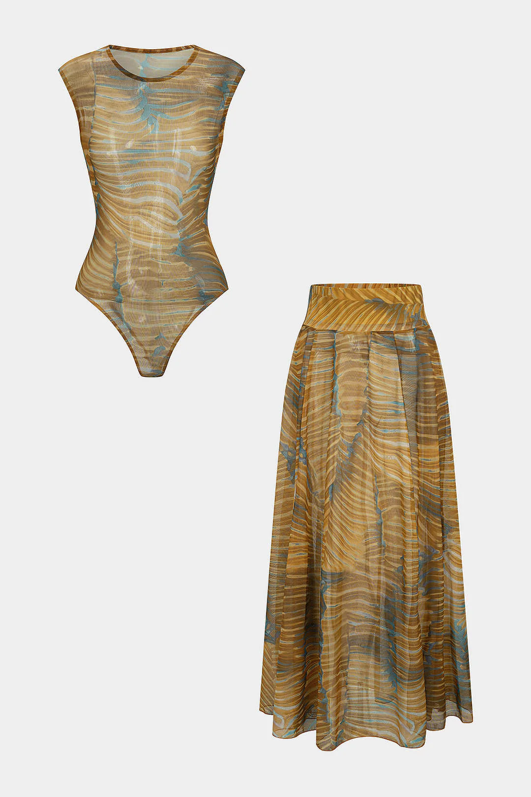 Abstract Print Mesh Sleeveless Bodysuit And Ruched Skirt Set - Weenar