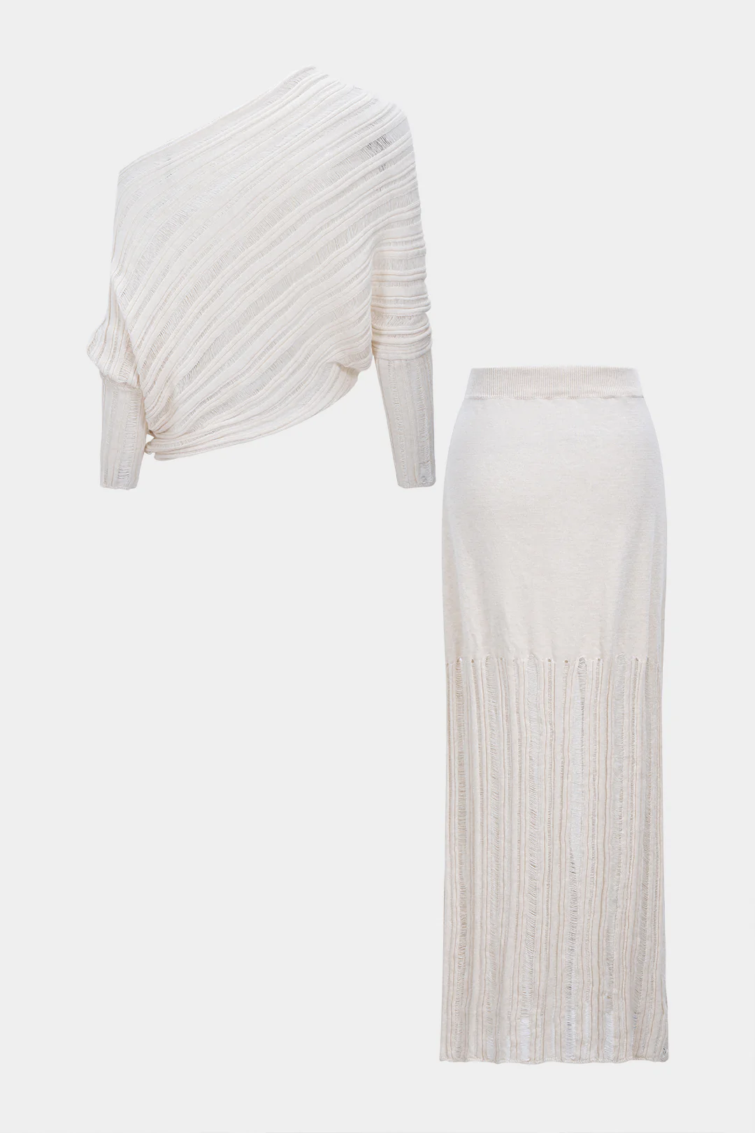 Knit Ripped Detail One Shoulder Long-Sleeve Top And Skirt Set - Weenar