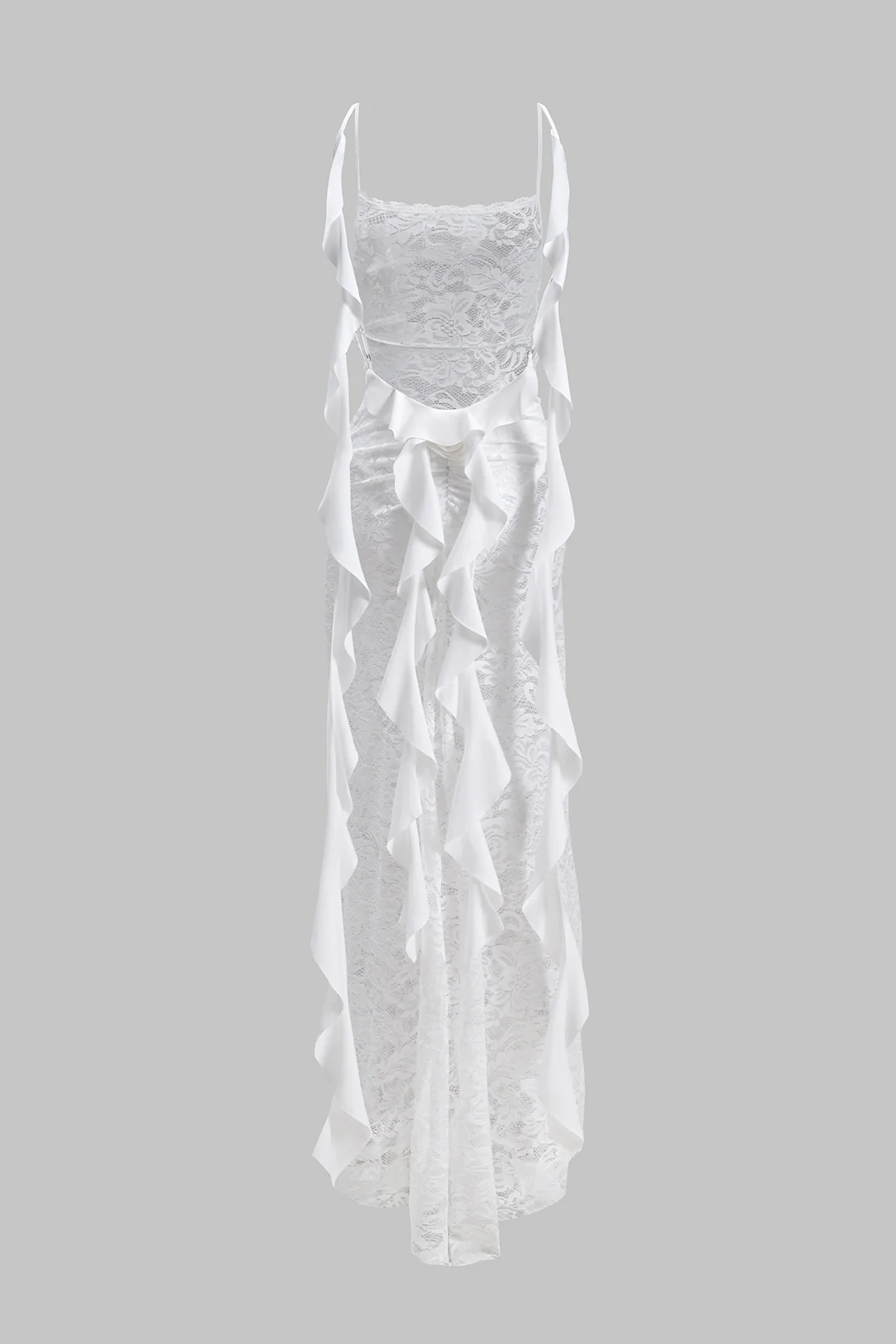 Lace 3D Flower Decor Backless Ruffle Sleeveless Maxi Dress - Weenar