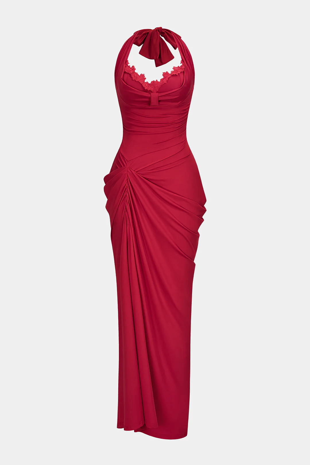 Halter Neck Ruched Backless Sleeveless Maxi Dress - Weenar