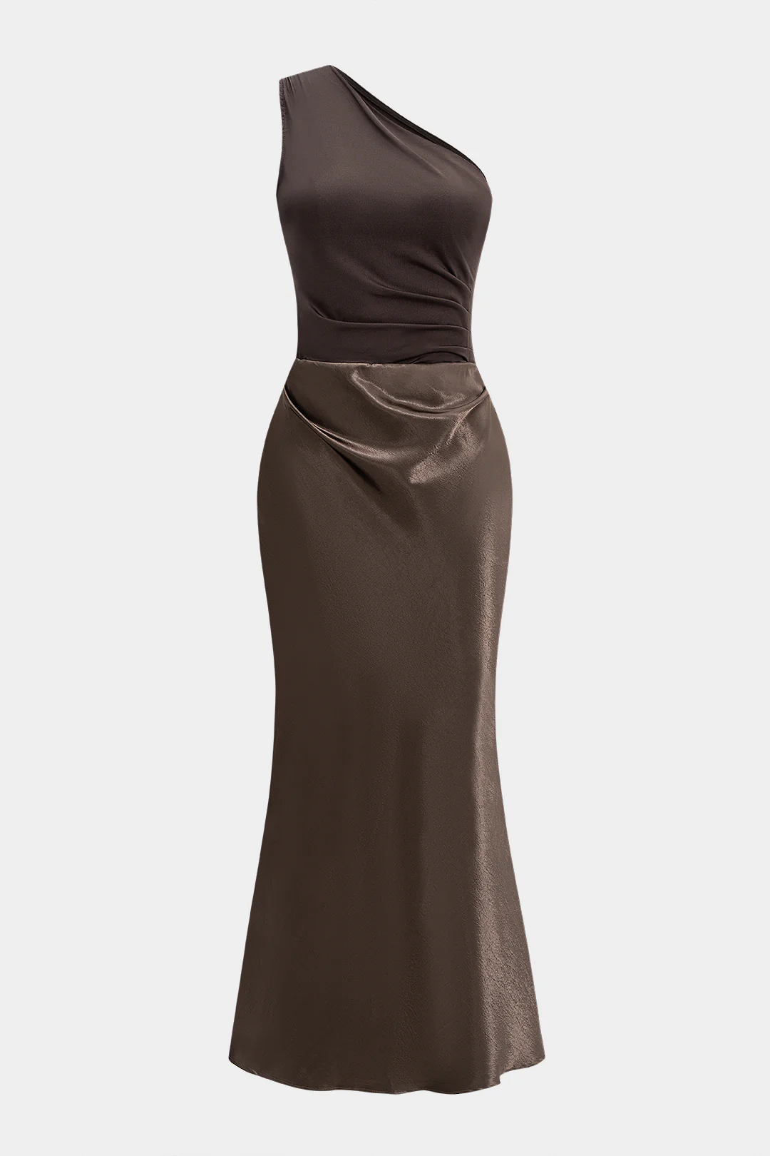 Satin Patchwork One Shoulder Ruched Sleeveless Maxi Dress - Weenar