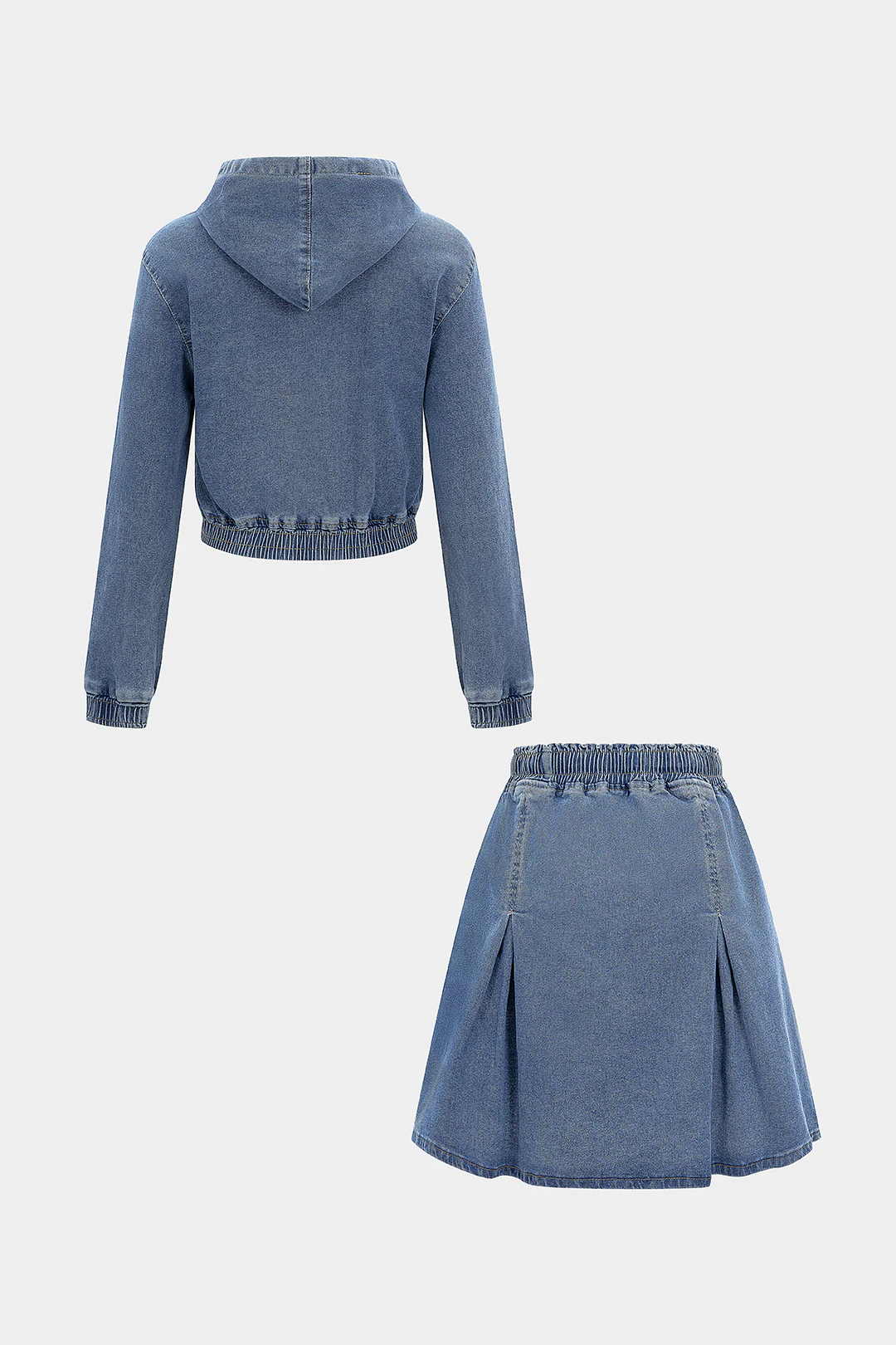 Denim Shirred Drawstring Long-Sleeve Top And Ruched High Waist Mini Skirt Set - Weenar