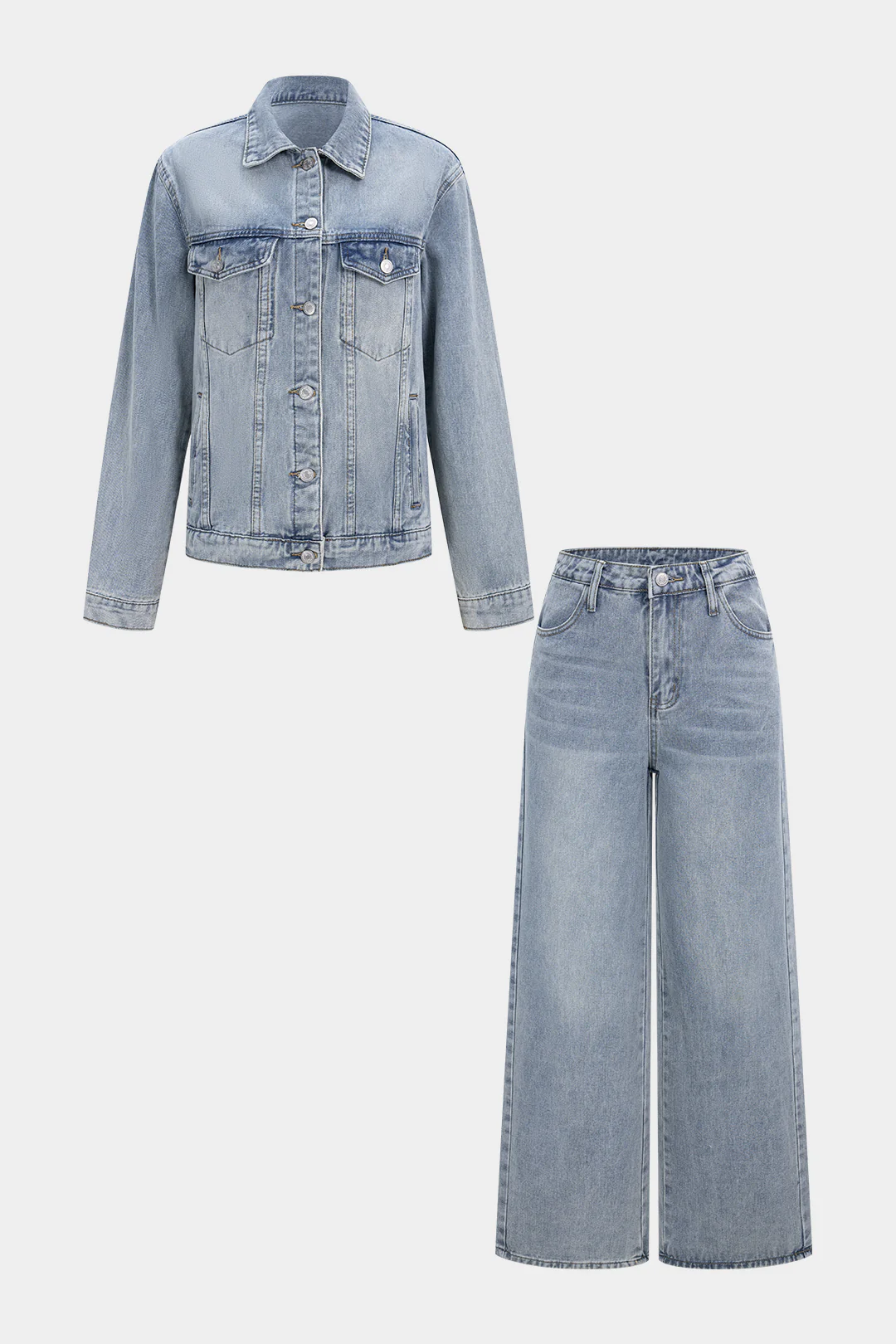 Denim Button Pocket Jacket And Wide Leg Jeans Set - Weenar