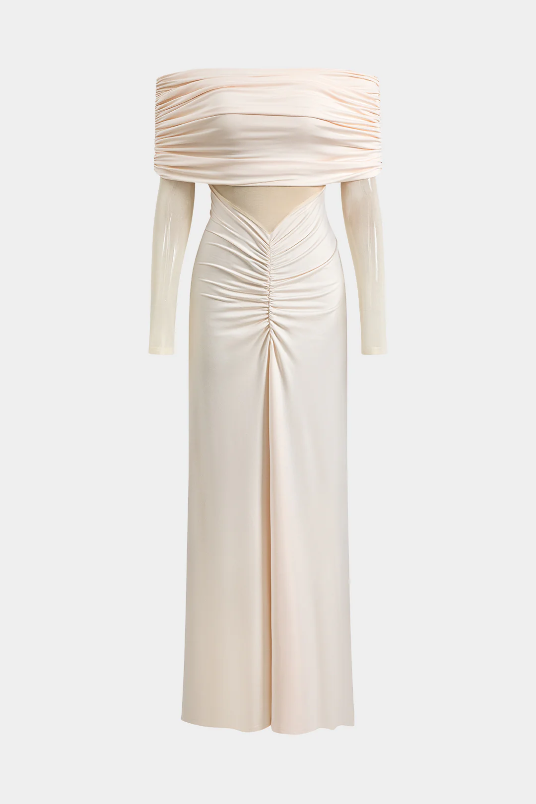 Mesh Off Shoulder Ruched Long Sleeve Maxi Dress - Weenar