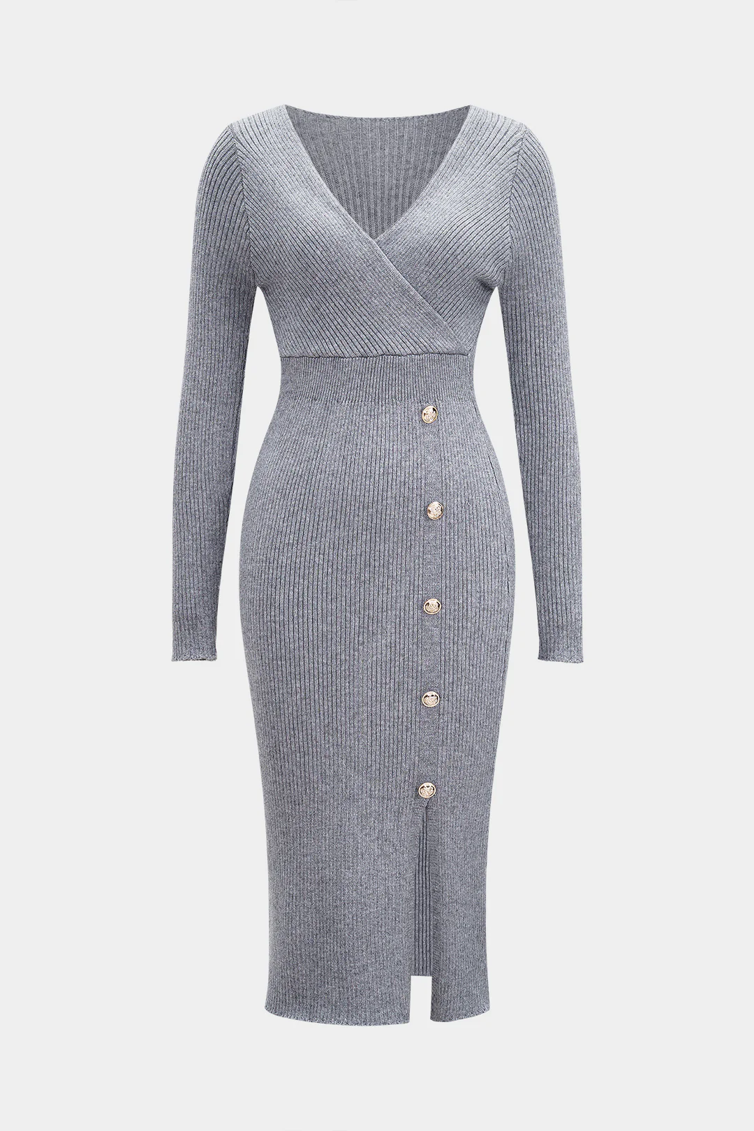 Knit Solid Button Waist Cinched Long Sleeve Dress - Weenar