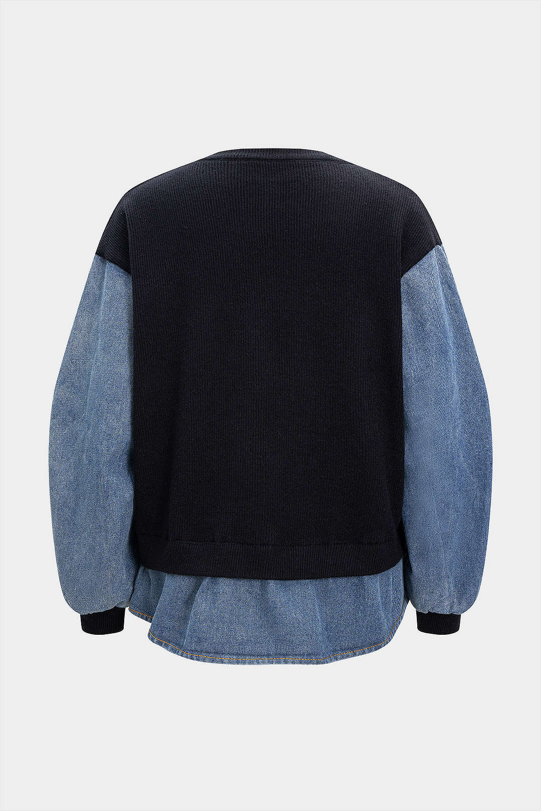 Knit Denim Patchwork Chain Decor Ruched Long-Sleeve Top - Weenar