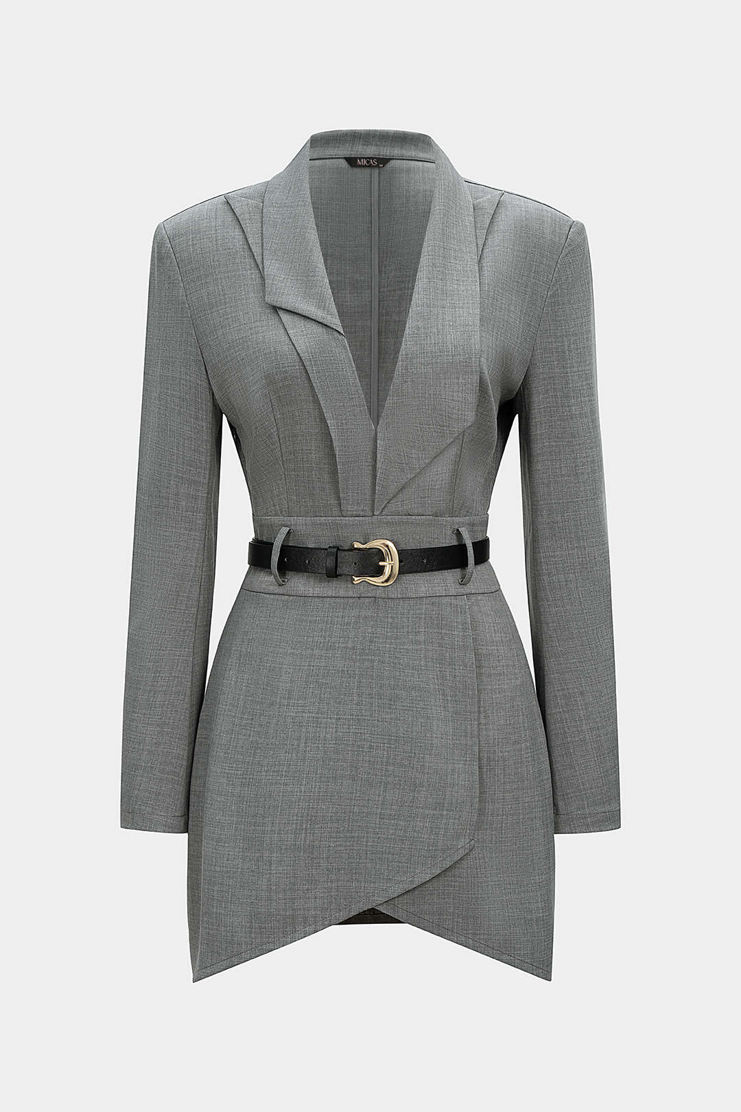 Asymmetrical Notched Lapel Belted Long Sleeve Mini Dress - Weenar