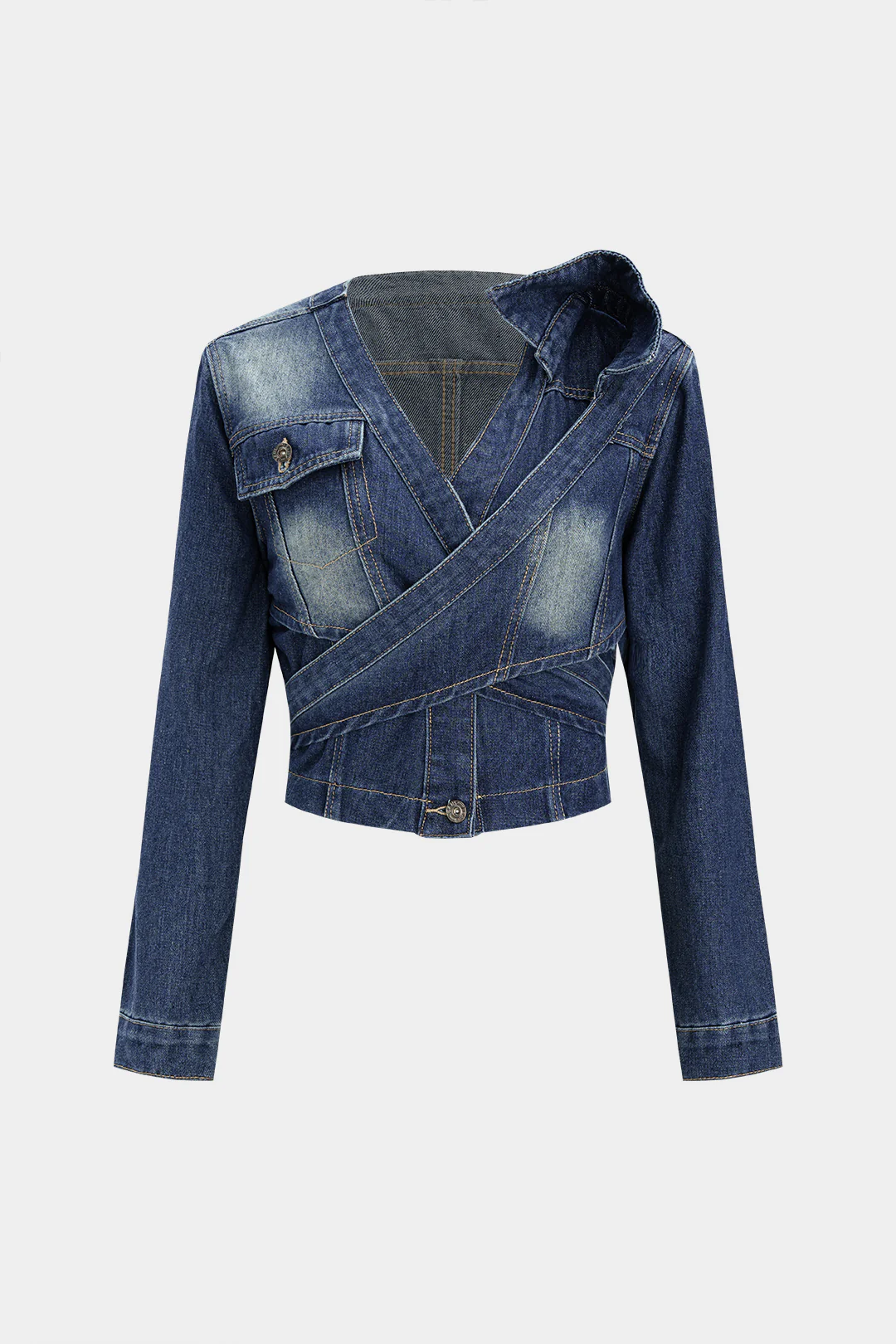 Denim Crossed Tie-Back Asymmetrical Outerwear - Weenar