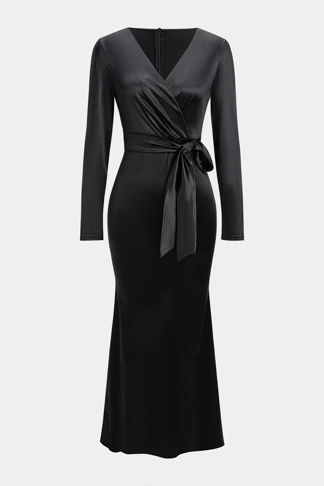 Satin Ruched V-Neck Belted Long Sleeve Midi Dress - Weenar