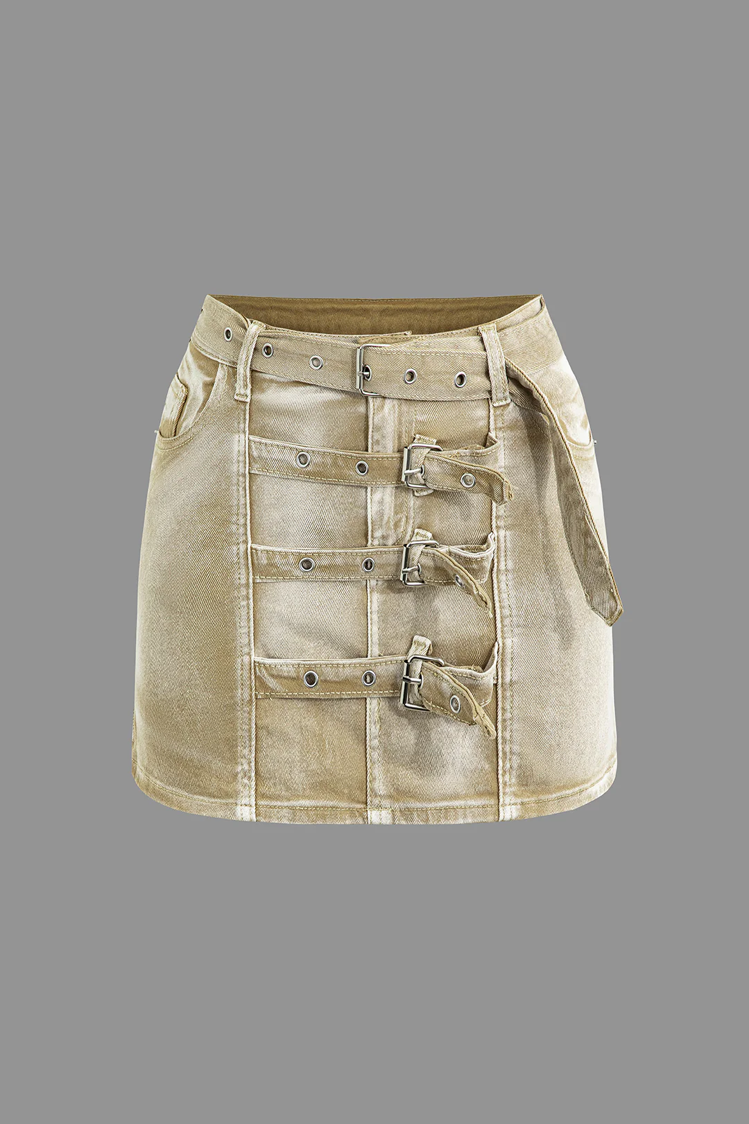 Denim Multiple Button Belted Skirt - Weenar